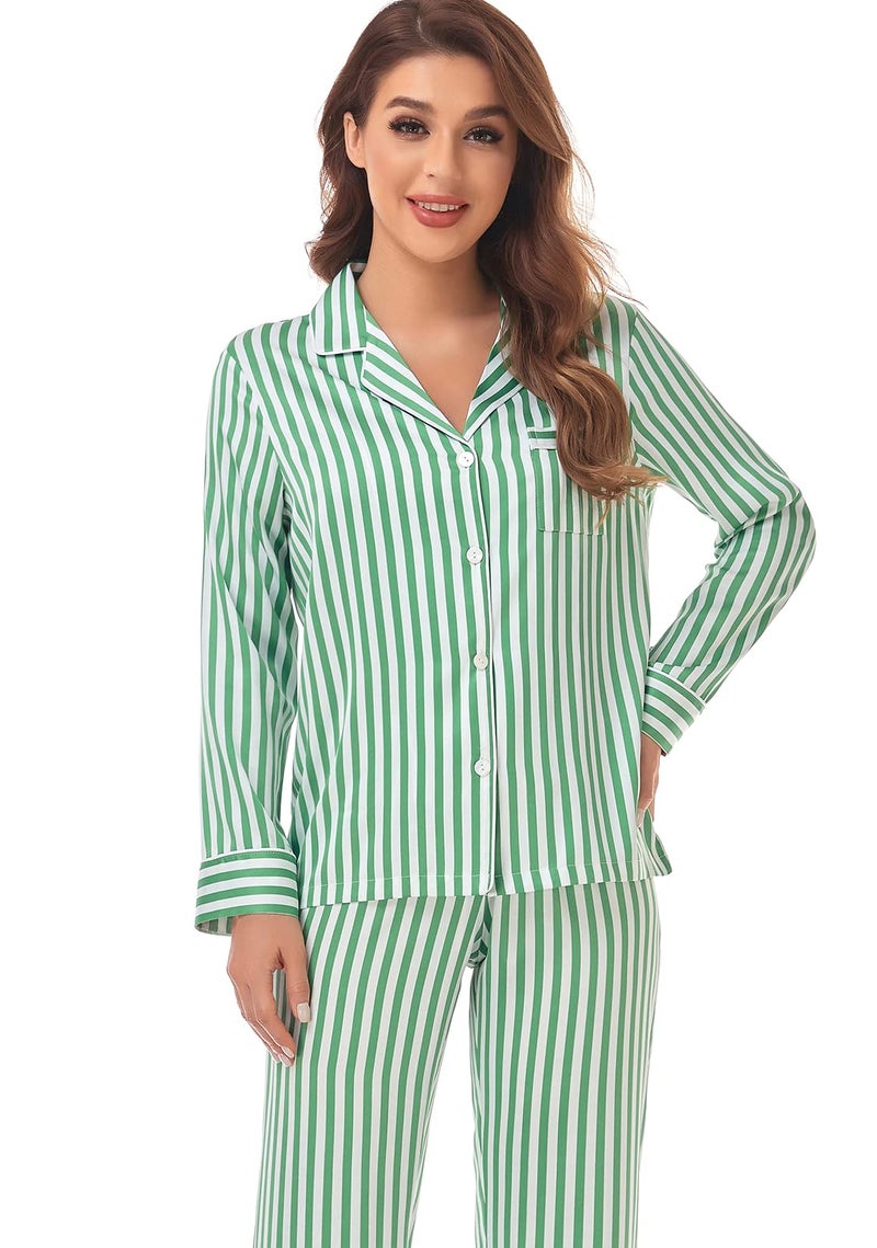 Serenedelicacy Women's Satin Pajama Set Long Sleeve Button Down Sleepwear 2-Piece Silky Pj Set (Medium, Green/Ivory, Stripe) - Image 5